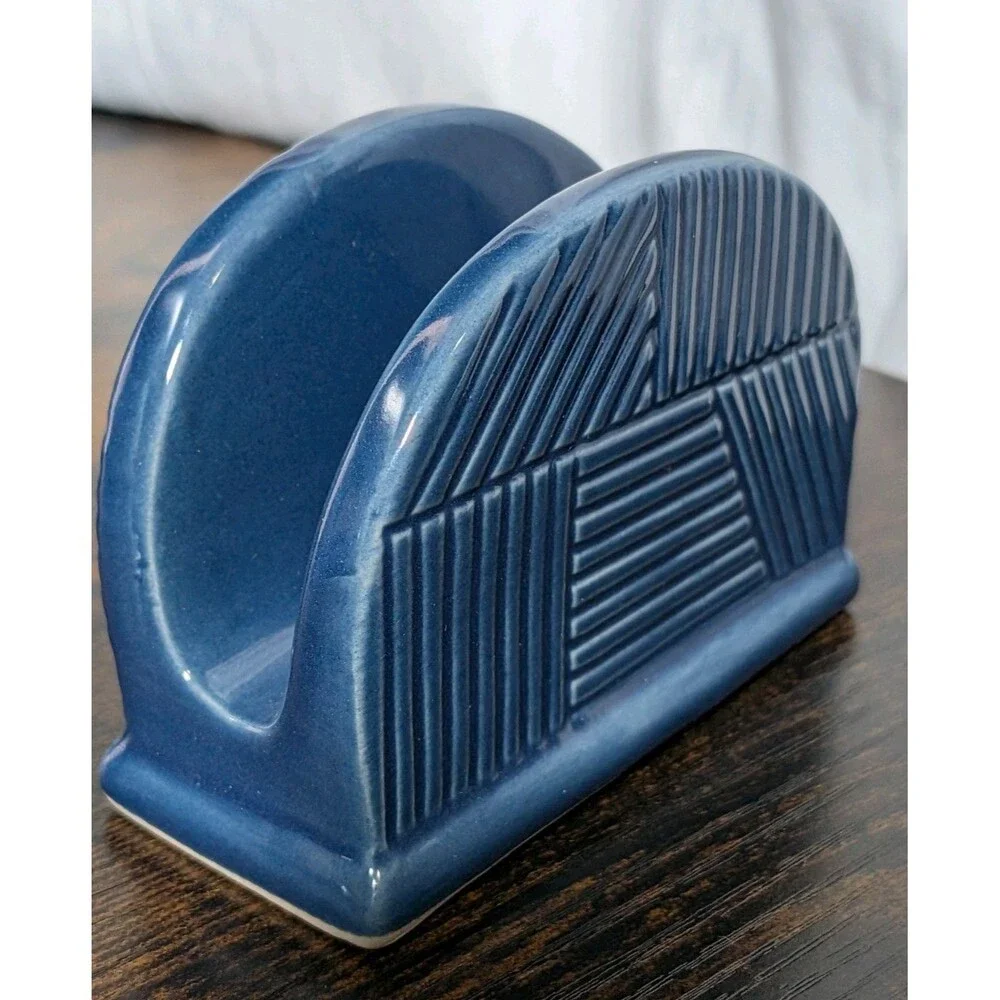 Vintage 90s Geometric Blue Napkin Letter Holder Desk Kitchen Decor Ceramic